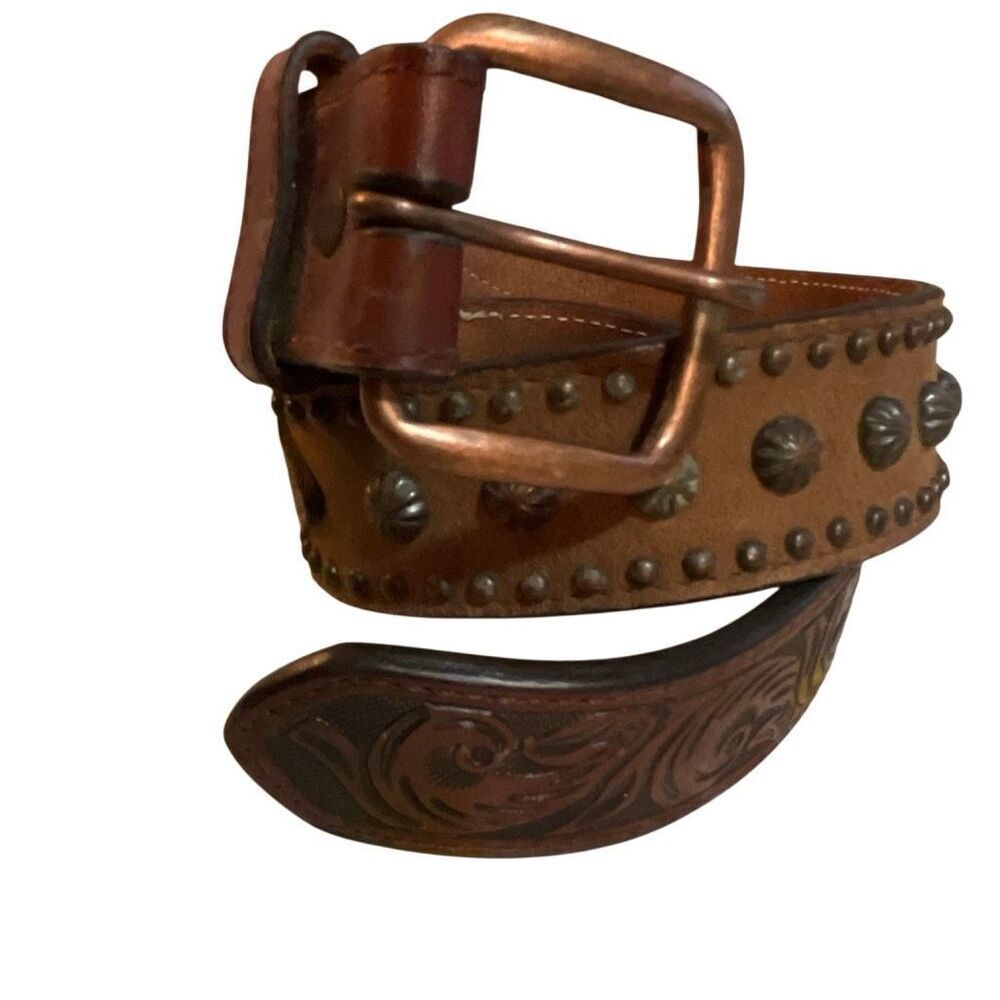 3D Belt Vintage Kids Leather Hand Tooled/Studded Copper Buckle Belt